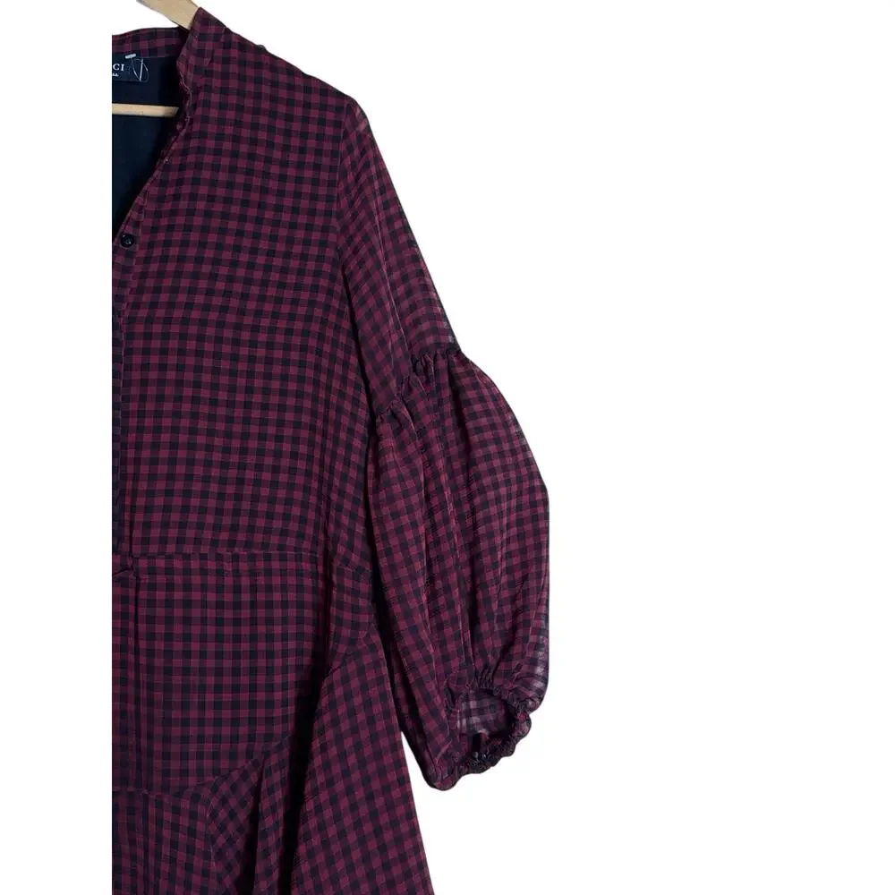 VICI Red & Black Gingham Plaid Long Sleeve Mini Dress Drawstring Waist Sz S NWOT